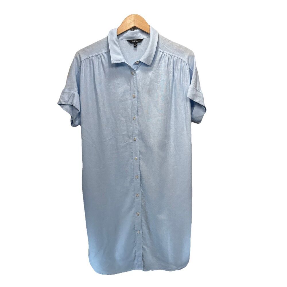 Well Worn Women’s Linen Viscose Shirt Dress Large Blue Short Sleeve Midi Pockets